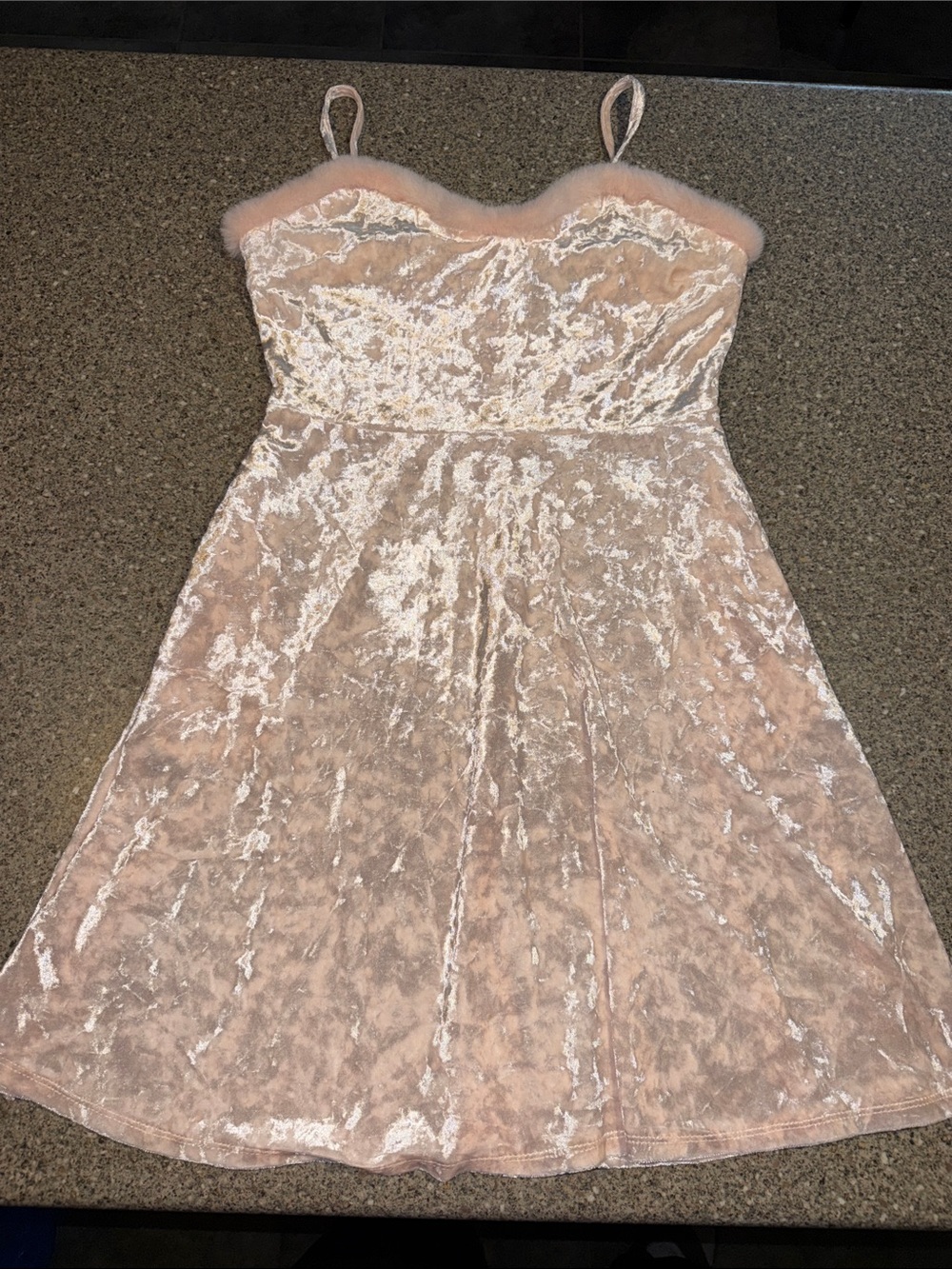 Hot Topic Pale Pink Crushed Velvet A-Line Dress with Faux Fur Trim